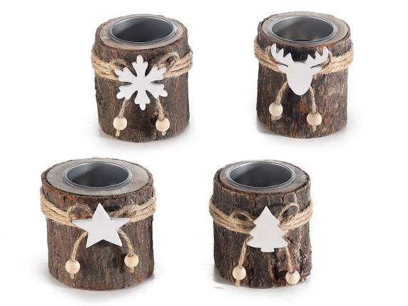 Portacandela tealight in legno con corteccia e decoro bianco
