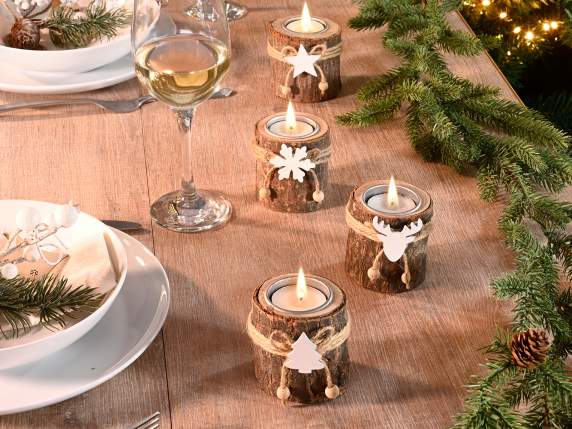Portacandela tealight in legno con corteccia e decoro bianco