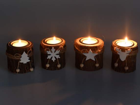 Portacandela tealight in legno con corteccia e decoro bianco