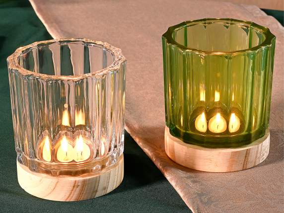 Portacandela tealight in vetro zigrinato con base in legno