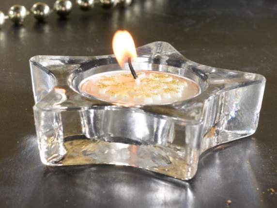 Porta tealight in vetro a stella con candela decori glitter