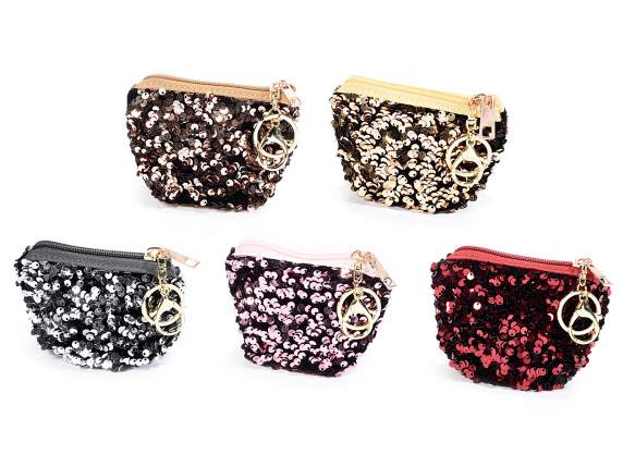 Portamonete con paillettes, portachiavi e chiusura a zip