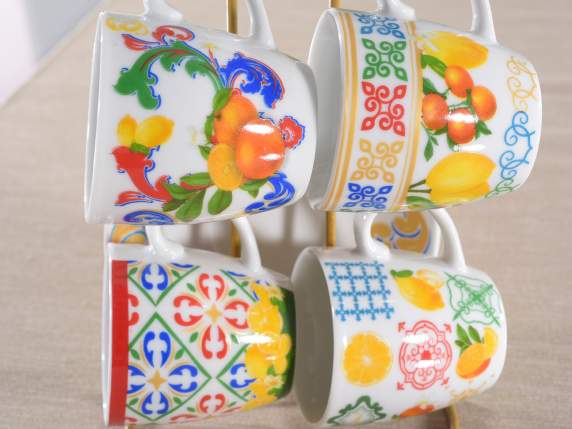 Set 4 tazzine porcellana 80 ml con piattino decoro agrumi