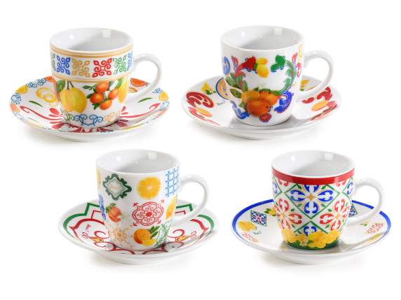 Set 4 tazzine porcellana 80 ml con piattino decoro agrumi