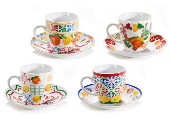 Set 4 tazzine porcellana 80 ml con piattino decoro agrumi