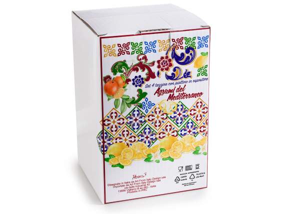 Set 4 tazzine porcellana 80 ml con piattino decoro agrumi