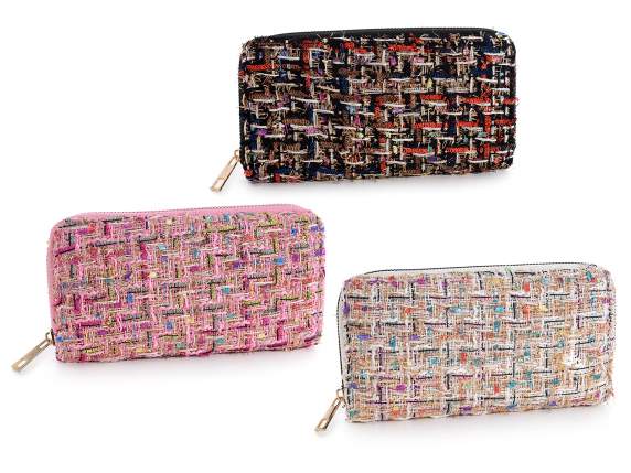 Portafoglio donna in stoffa tweed con fili dorati con zip