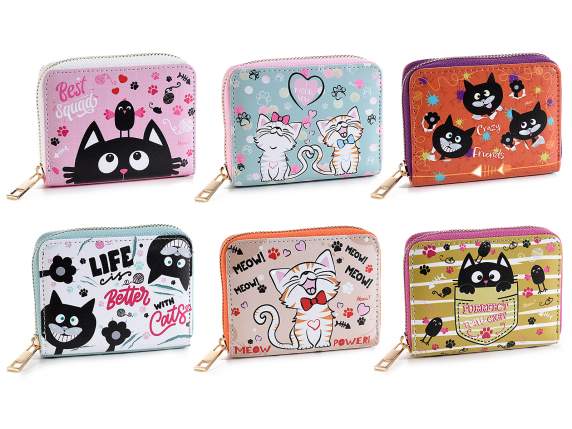 Portafoglio donna in similpelle con zip stampa Cats Friend