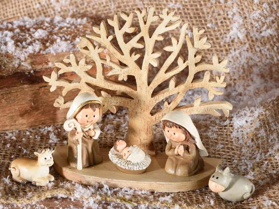 Set 5 statuine Presepe in resina, albero e dettagli dorati