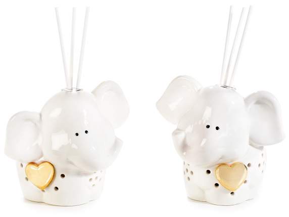 Elefantino porcellana c-luce led, cuore dorato e stick