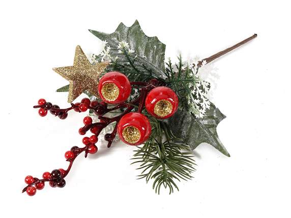 Rametto agrifoglio con bacche rosse e stella glitterata oro