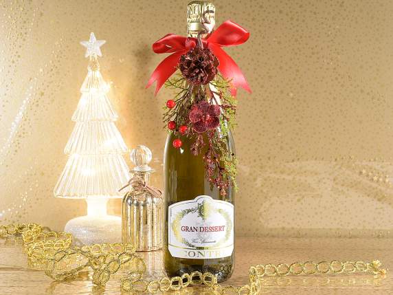 Rametto c-pigna glitterata,bacche rosse e fiore artificiale