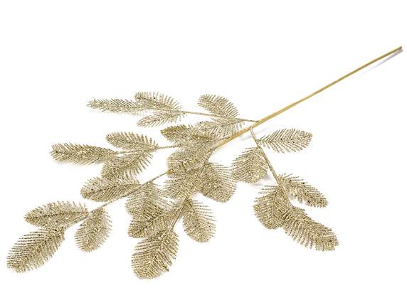 Ramo di foglie artificiali glitterate oro