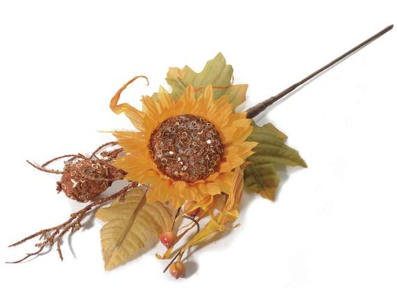 Ramo di girasole glitterato artificiale con bacche e zucca