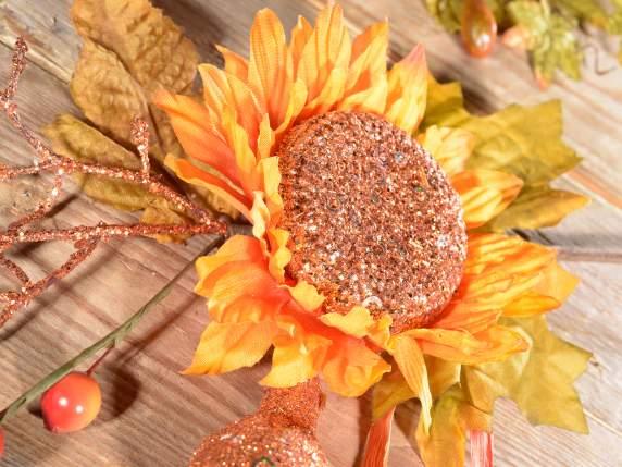 Ramo di girasole glitterato artificiale con bacche e zucca