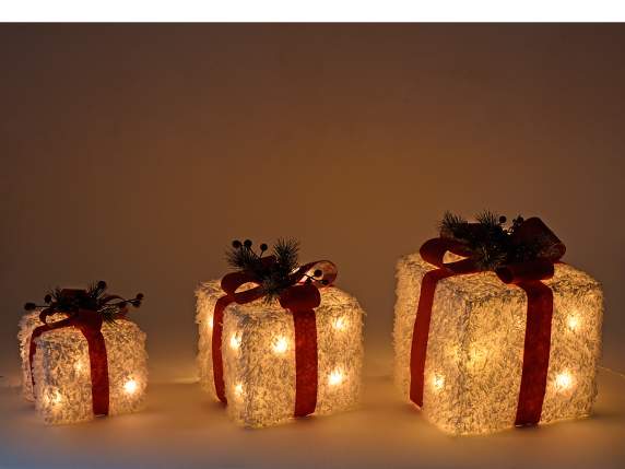 Set 3 pacchi regalo in metallo con luci led bianco caldo