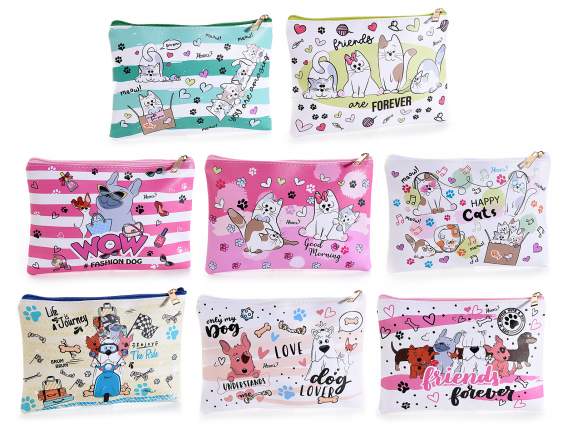 Pochette in similpelle con zip stampa Happy Cats - Dogs