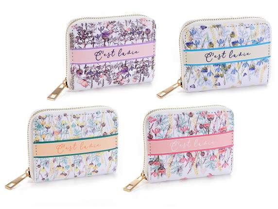 Portafoglio donna in similpelle con zip e stampa floreale