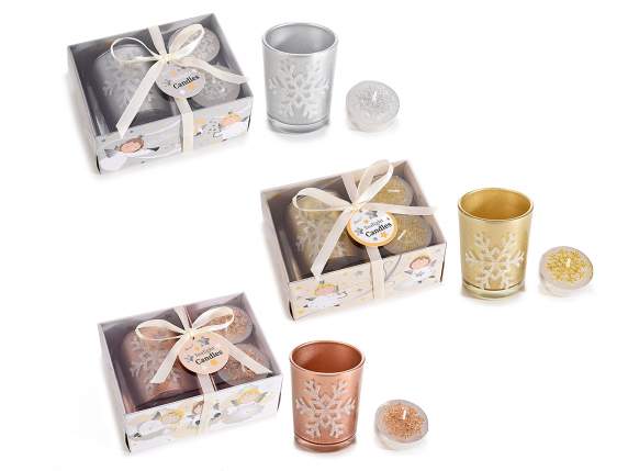 Confezione regalo c-portacandela vetro e 2 tealight decorate