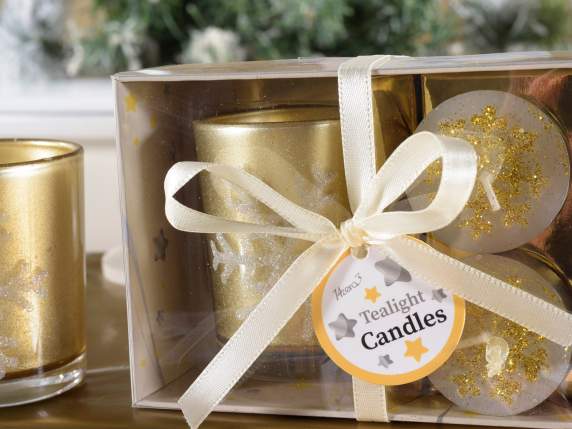 Confezione regalo c-portacandela vetro e 2 tealight decorate