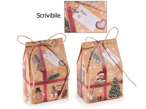 Scatola in carta a pacchetto natalizio con fiocco in spago