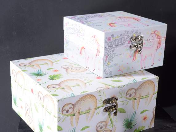 Set 3 scatole in legno c-decori Animal Fantasy e gancio