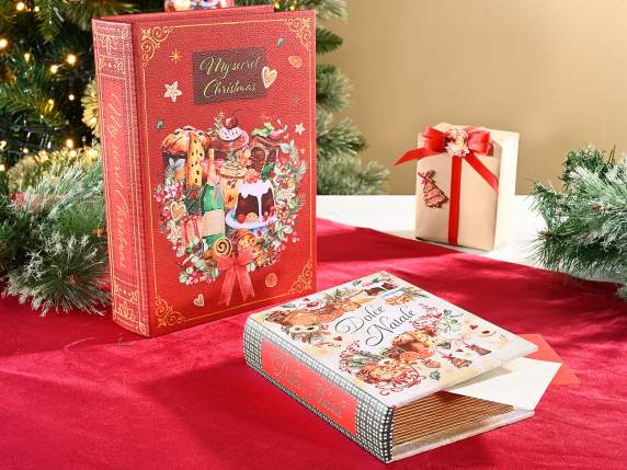 Set 2 scatole natalizie a libro in legno foderato