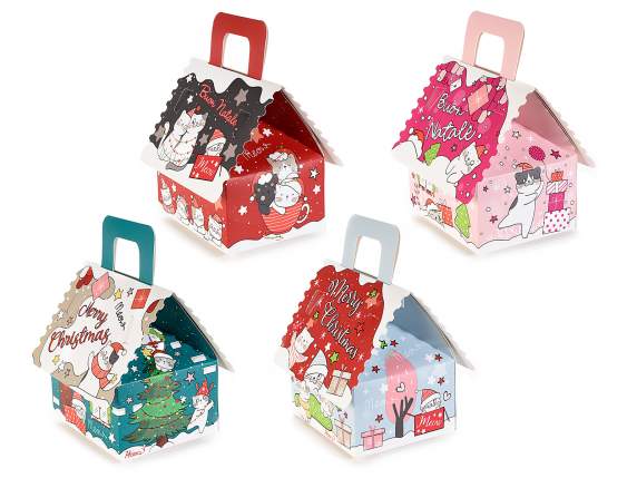 Scatola a casetta in carta stampata Meowy Xmas con manico