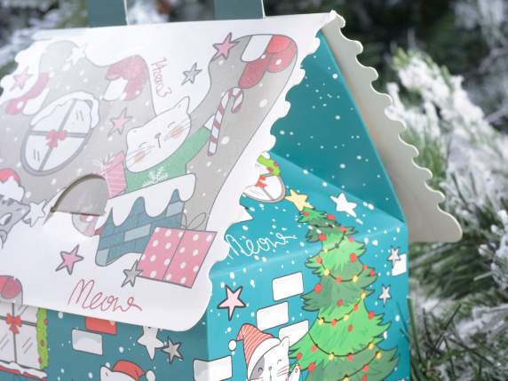 Scatola a casetta in carta stampata Meowy Xmas con manico