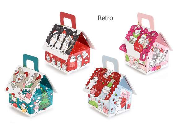 Scatola a casetta in carta stampata Meowy Xmas con manico