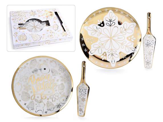 Set piatto e paletta in porcellana con decori in oro