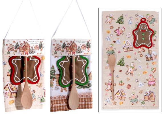 Set natalizio asciugapiatti in cotone, presina e cucchiaio