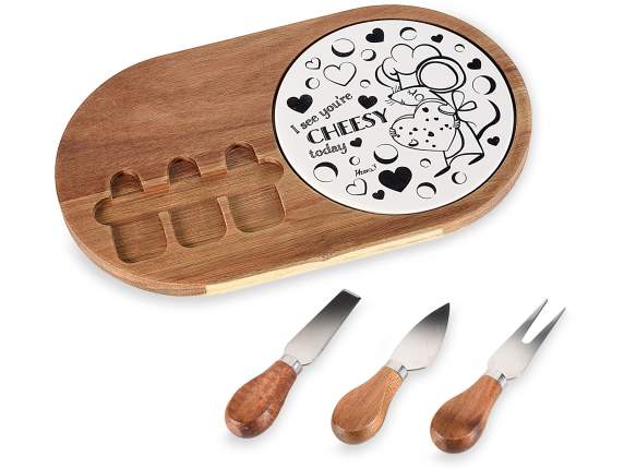 Set formaggio con tagliere in legno e ceramica e 3 coltelli
