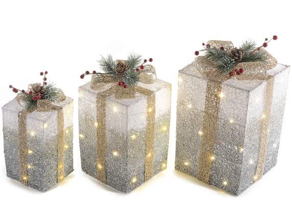 Set 3 pacchi regalo glitterati in metallo con luci LED