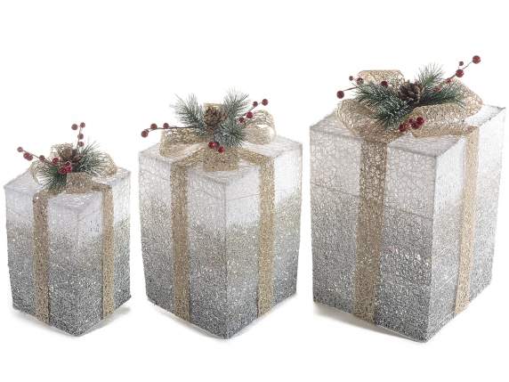Set 3 pacchi regalo glitterati in metallo con luci LED