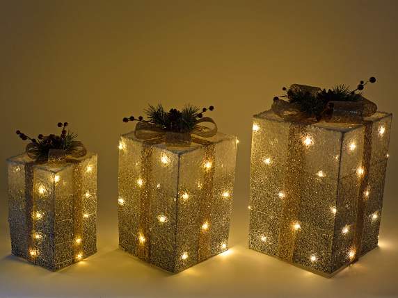 Set 3 pacchi regalo glitterati in metallo con luci LED