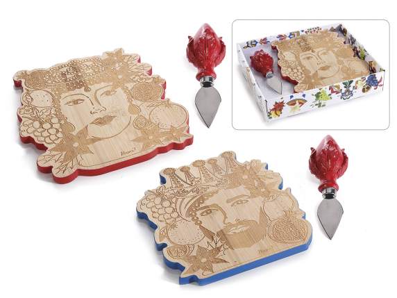 Set tagliere in legno con coltello decorato Testa di Moro