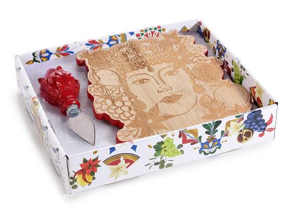 Set tagliere in legno con coltello decorato Testa di Moro