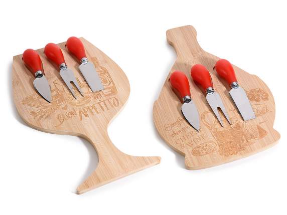 Set formaggio con tagliere legno inciso e 3 coltelli