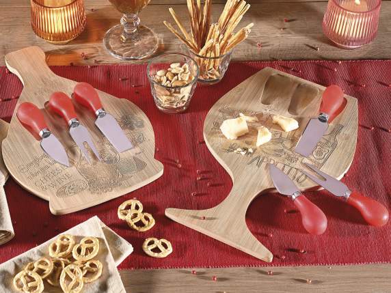 Set formaggio con tagliere legno inciso e 3 coltelli