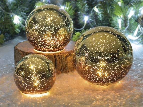 Set 3 lampade a sfera dorate, luce led bianco caldo e timer