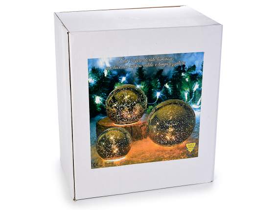 Set 3 lampade a sfera dorate, luce led bianco caldo e timer