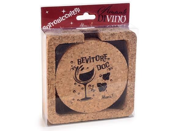 Set 4 sottobicchieri con contenitore sughero decori vino