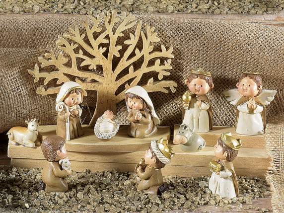 Set 10 statuine Presepe in resina con albero e dettagli oro