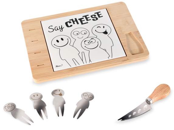 Set tagliere bambù e ceramica con coltello e 4 forchettine
