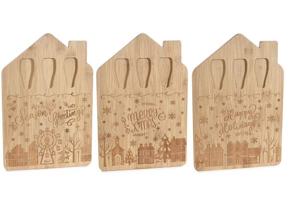 Set formaggio con tagliere in legno decorato e 3 coltelli