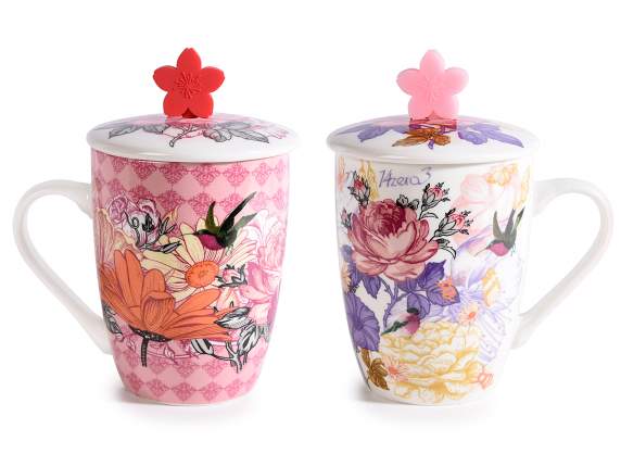 Tazza mug Foulard in porcellana con coperchio e fiore