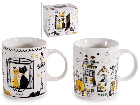 Tazza in porcellana da 350ml decoro gatti e dettagli dorati
