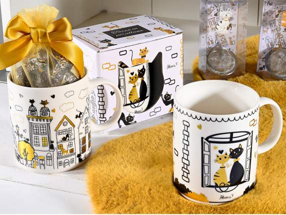 Tazza in porcellana da 350ml decoro gatti e dettagli dorati