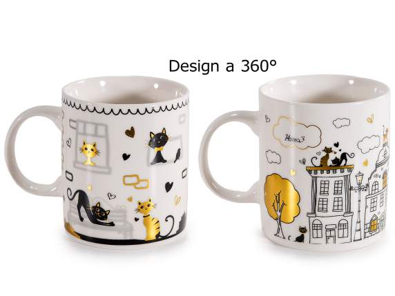 Tazza in porcellana da 350ml decoro gatti e dettagli dorati